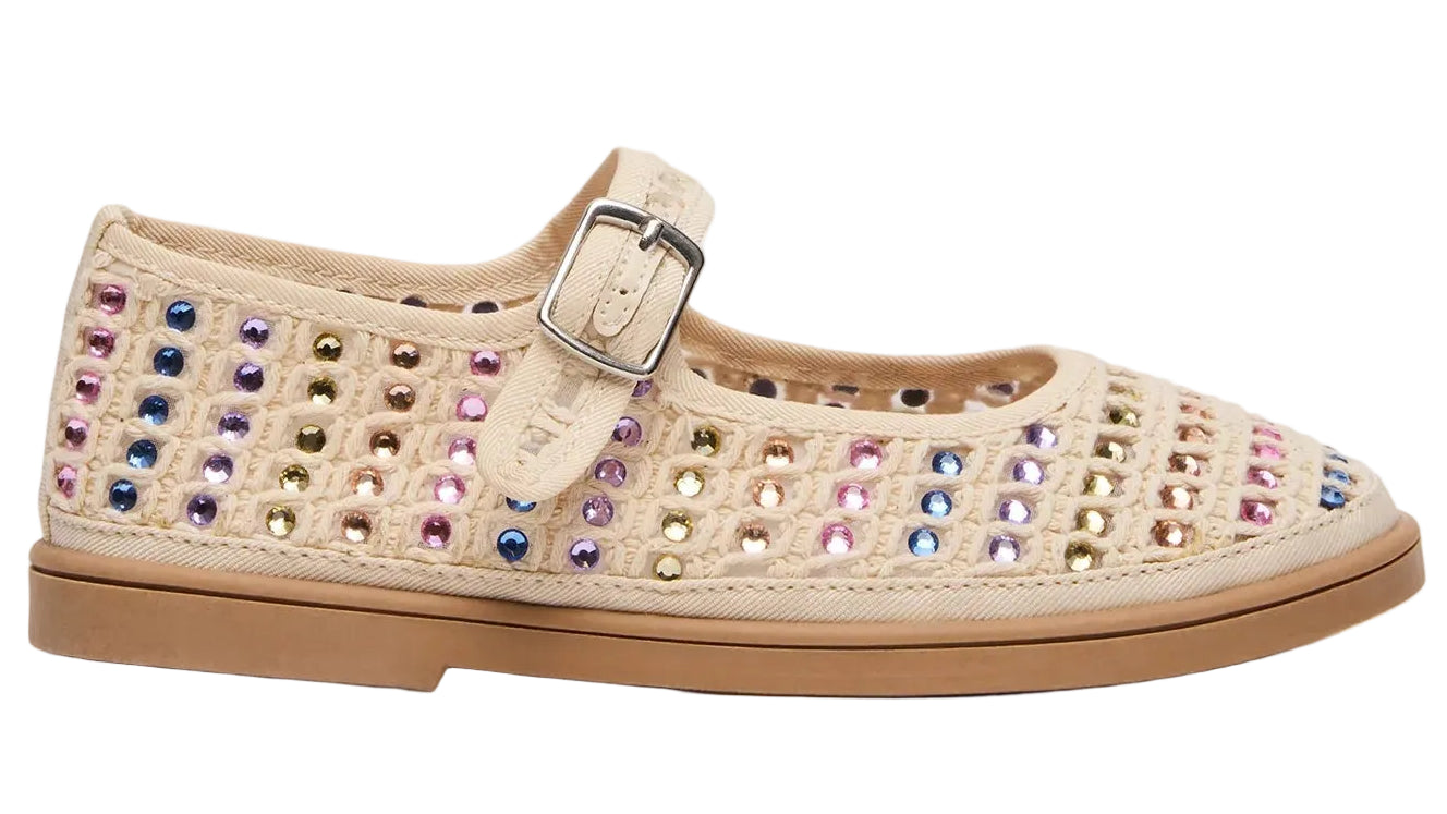 The Steve Madden Kids Girls’ Roree Rhinestones Flats feature a beige Mary Jane silhouette with a buckle strap, woven design, multicolored round studs, and sparkling rhinestone embellishments on the upper—a charming choice among kids’ shoes.
