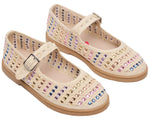 Girls’ Roree Rhinestones Flats by Steve Madden Kids: cream-colored Mary Jane shoes featuring a buckle strap, mesh sides, and multicolored rhinestone embellishments.