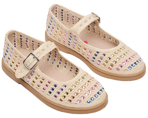 Girls’ Roree Rhinestones Flats by Steve Madden Kids: cream-colored Mary Jane shoes featuring a buckle strap, mesh sides, and multicolored rhinestone embellishments.