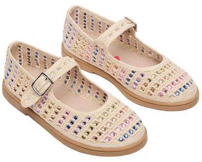 Girls’ Roree Rhinestones Flats by Steve Madden Kids: cream-colored Mary Jane shoes featuring a buckle strap, mesh sides, and multicolored rhinestone embellishments.