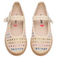 The Steve Madden Kids Girls’ Roree Rhinestones Flats are cream-colored Mary Jane shoes featuring multicolored rhinestone embellishments, a buckle strap, and a heart design on the insole—perfect for adding sparkle to any child’s outfit.