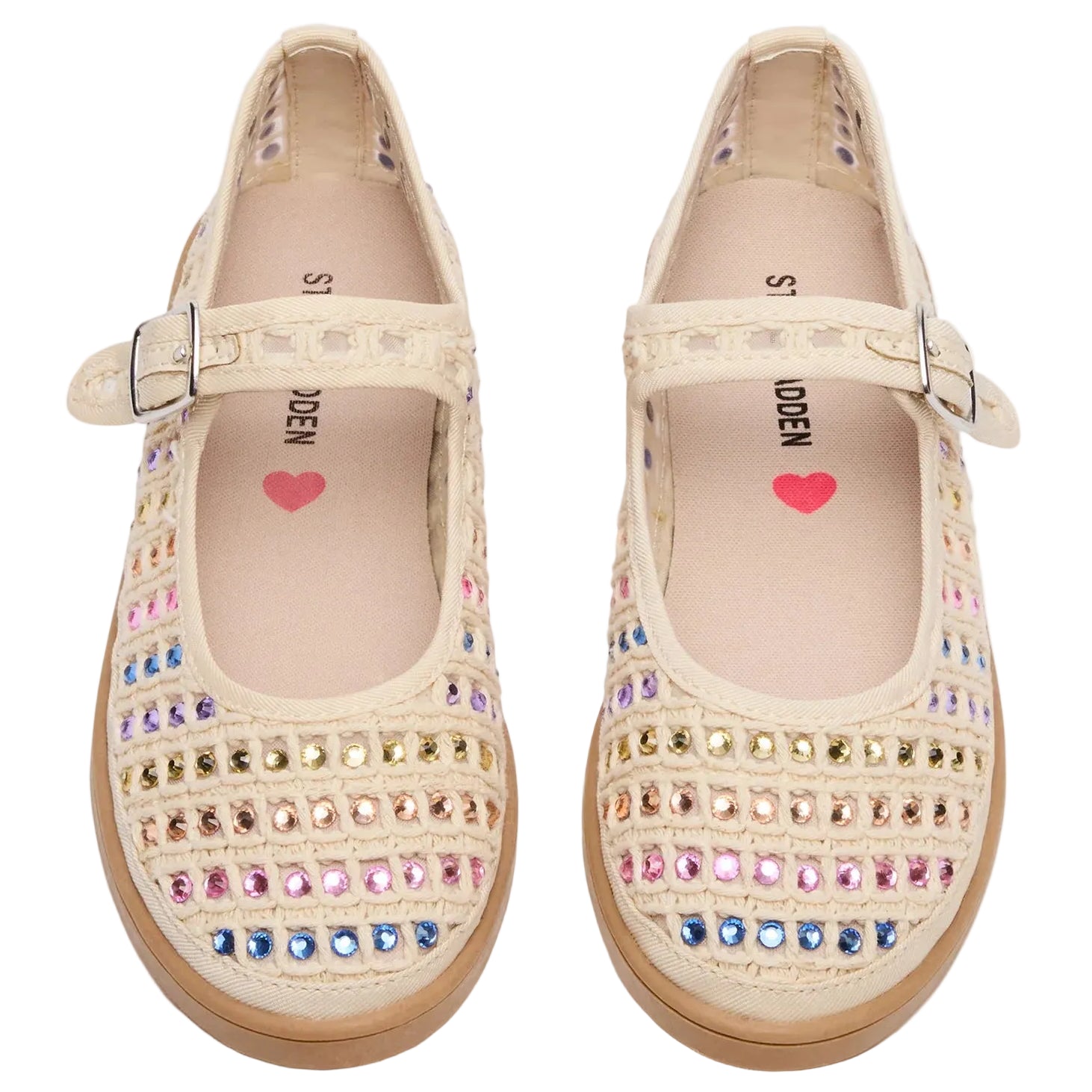The Steve Madden Kids Girls’ Roree Rhinestones Flats are cream-colored Mary Jane shoes featuring multicolored rhinestone embellishments, a buckle strap, and a heart design on the insole—perfect for adding sparkle to any child’s outfit.