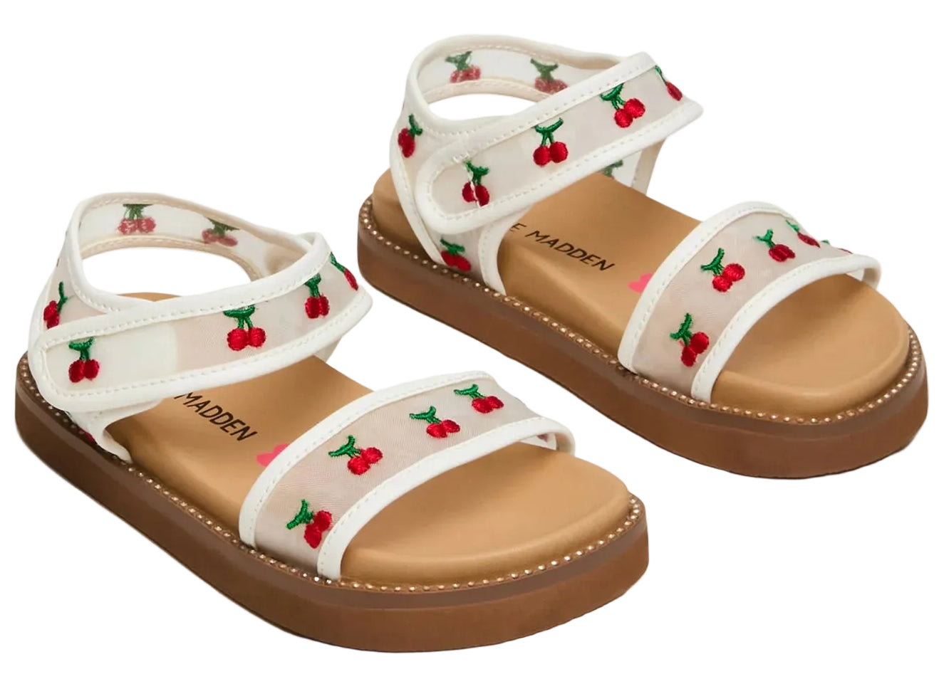 Introducing the Steve Madden Kids Toddlers’ Lyla Sandal: These sandals showcase a white footbed with tan soles and are adorned with embroidered cherry details on the straps and ankle bands. The design features adjustable Velcro straps, allowing for a customizable fit.