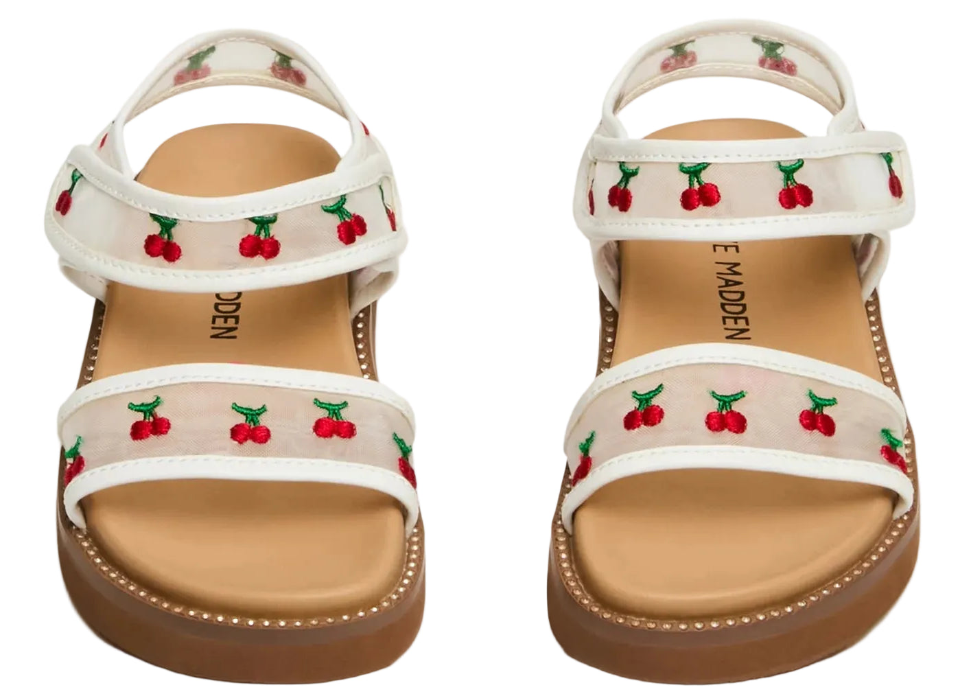 Introducing the Steve Madden Kids Toddlers’ Lyla Sandal—a stylish pair of footbed sandals featuring white adjustable Velcro straps with charming embroidered cherry details and comfortable tan soles.