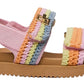 The Steve Madden Kids Toddlers’ Mona Sandal features a tan sole, a pink base, and pastel crochet straps in shades of pink, yellow, green, blue, and orange with a gold buckle detail. This charming slingback sandal offers comfort and playful style for little feet.