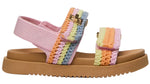 The Steve Madden Kids Toddlers’ Mona Sandal features a tan sole, a pink base, and pastel crochet straps in shades of pink, yellow, green, blue, and orange with a gold buckle detail. This charming slingback sandal offers comfort and playful style for little feet.