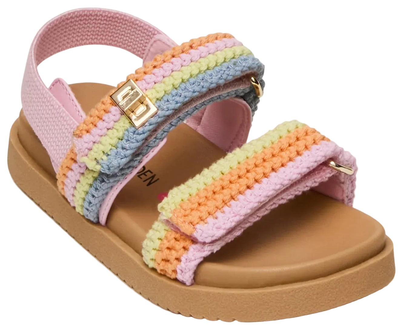 The Toddlers’ Mona Sandal by Steve Madden Kids features a tan sole, pink footbed, and pastel rainbow crochet straps, complete with a small gold buckle and hook-and-loop closures for easy wear.