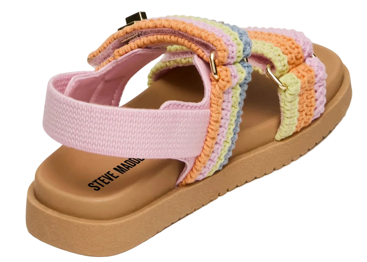 The Steve Madden Kids Toddlers’ Mona Sandal is a pastel-colored flatform with wide woven straps and a Velcro closure, featuring a tan sole and the Steve Madden logo printed on the footbed.