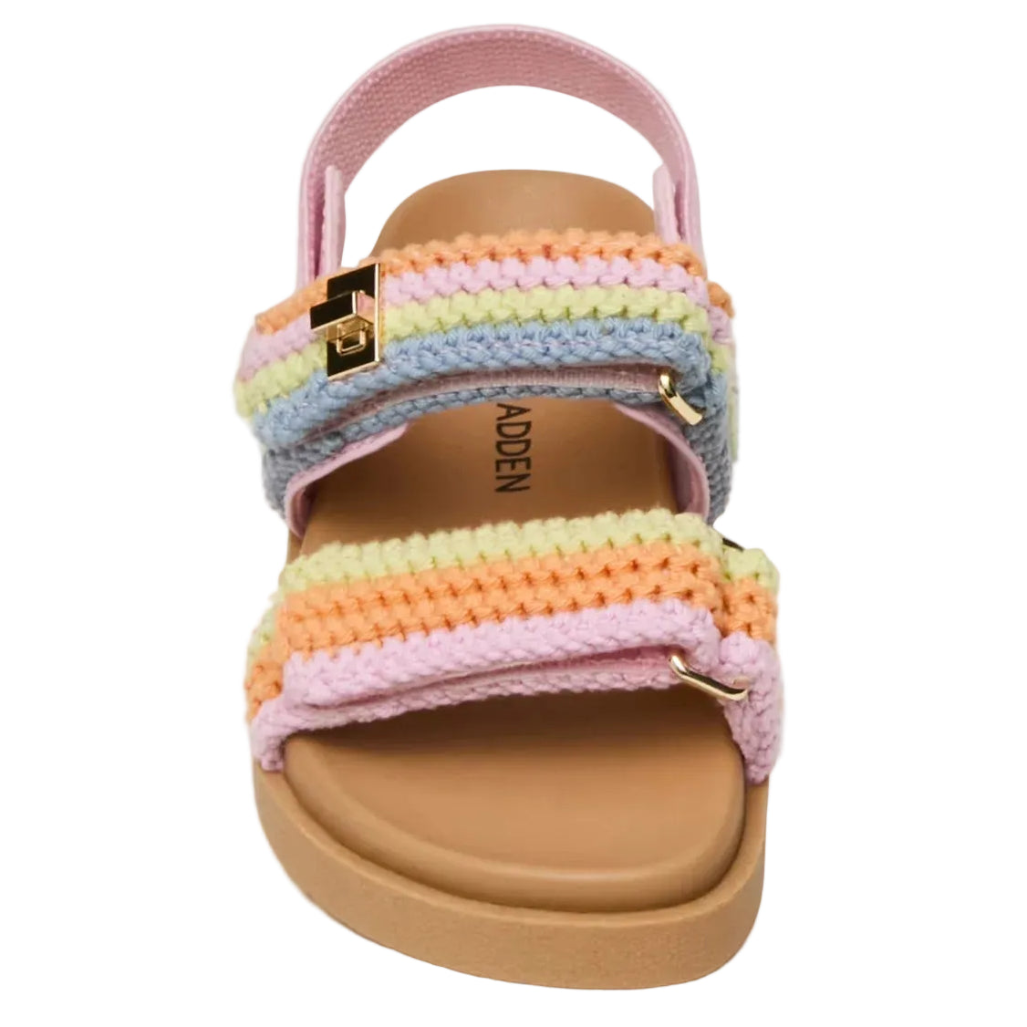 Front view of the Steve Madden Kids Toddlers’ Mona Sandal, featuring a tan sole and pastel rainbow-colored crocheted slingback straps with gold hardware accents.