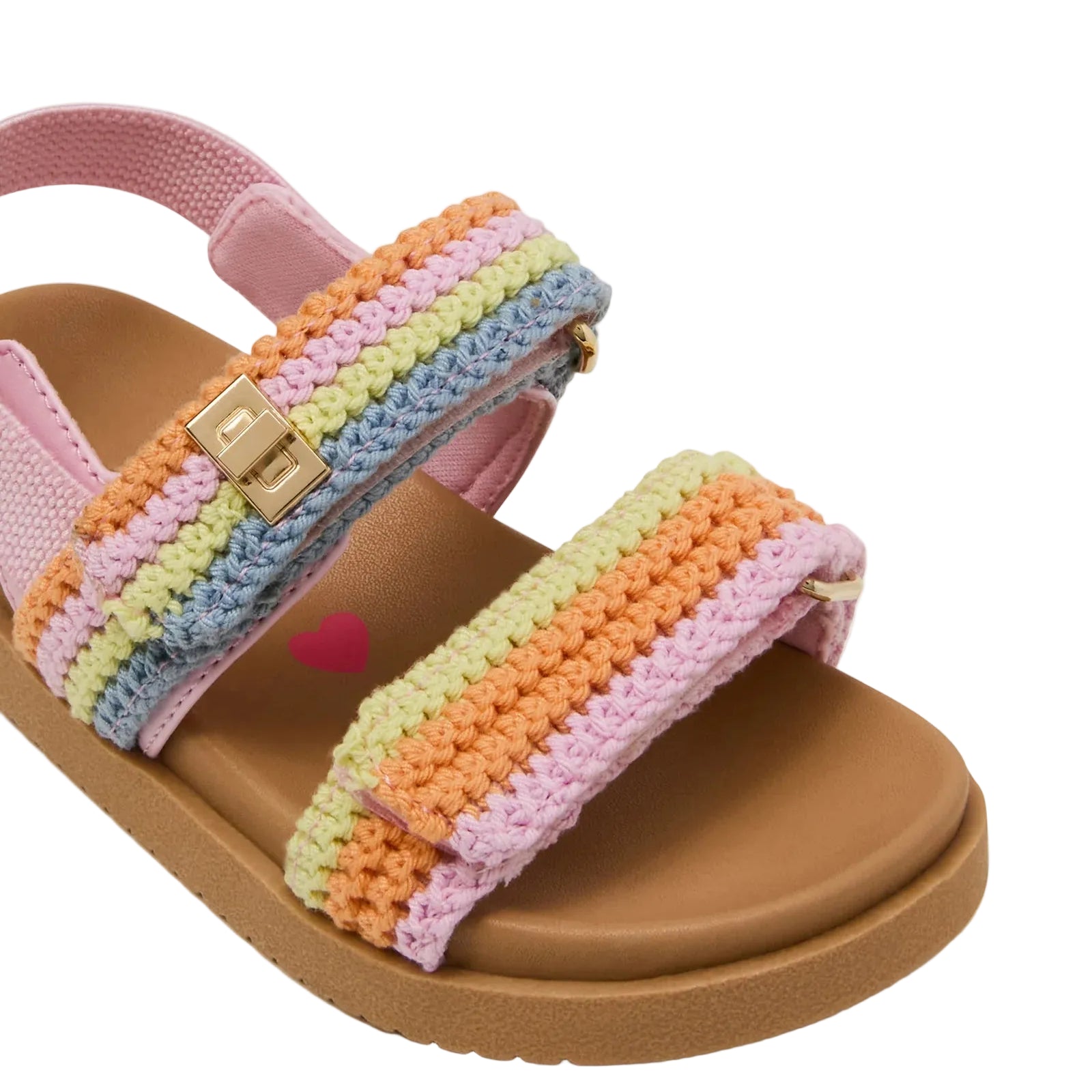 The Steve Madden Kids Toddlers’ Mona Sandal features a tan flatform sole, pink straps, and pastel-colored crocheted bands in shades of pink, orange, yellow, green, and blue. A gold buckle detail accents the front strap for added charm.