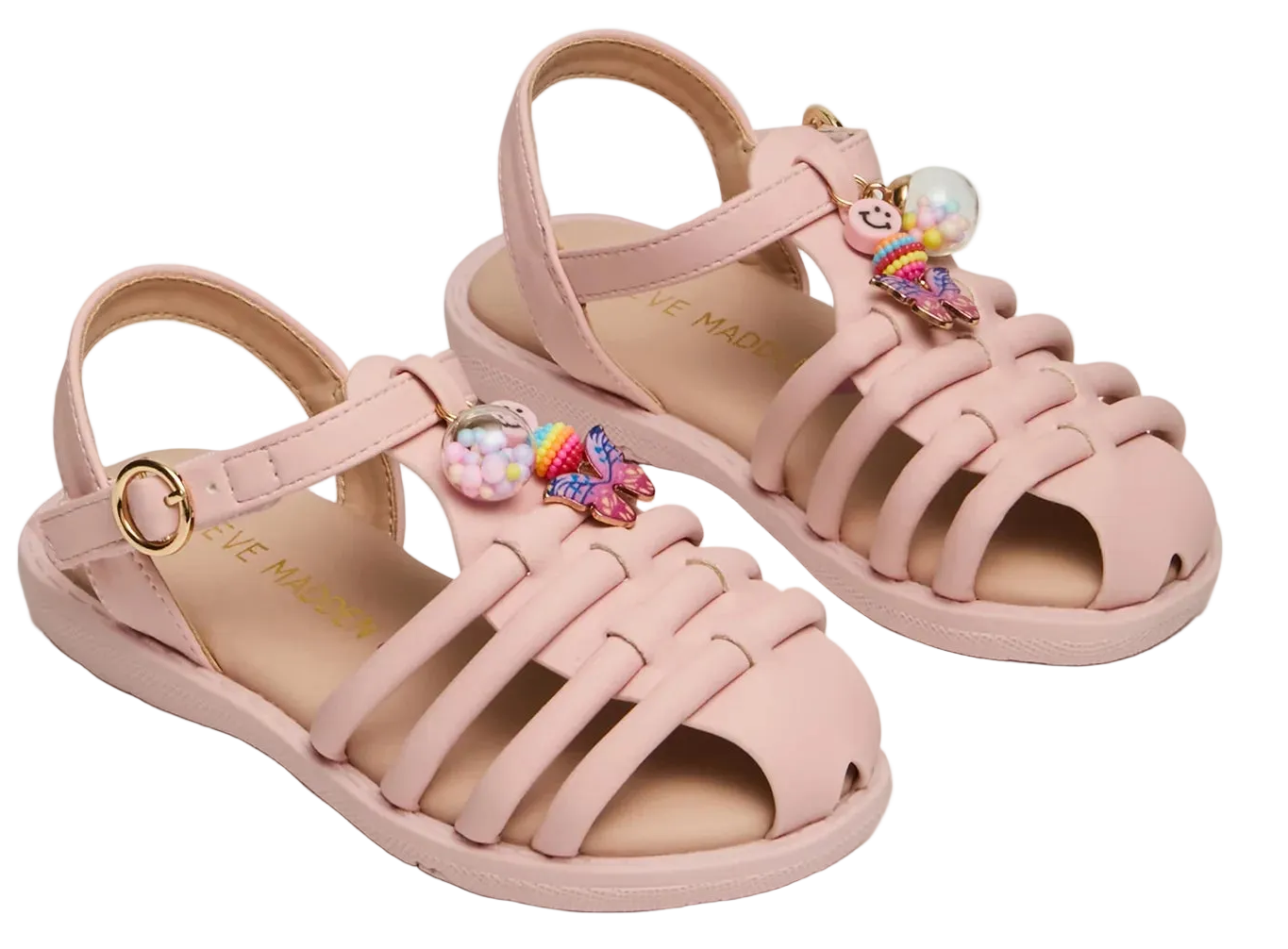 The Toddlers’ Pocket Charmed Sandal by Steve Madden Kids is a light pink strappy sandal for children, featuring buckle straps and a woven design adorned with decorative charms like a rainbow, unicorn, and faux pearls—an ideal choice for little ones.