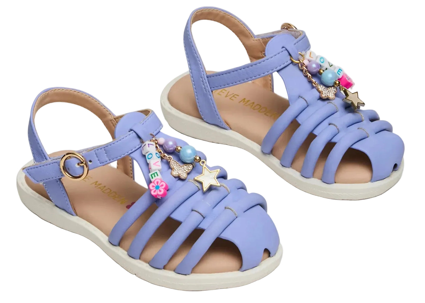 A pair of Steve Madden Kids Toddlers’ Pocket Charmed Sandals in light purple, featuring white soles and strappy straps adorned with colorful beads and star-shaped charms.