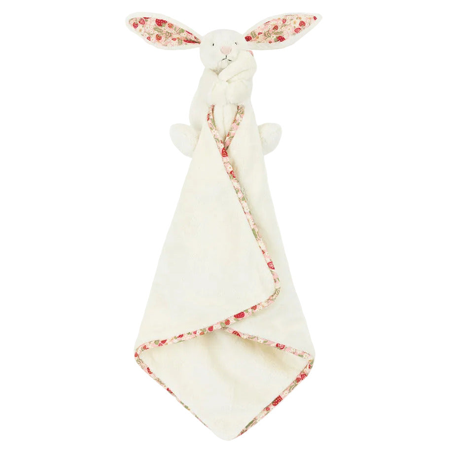 The Jellycat Blossom Cream Bunny 'Berry' Soother features plush white fabric, long floral-patterned ears, and a floral-trimmed edge—an adorable baby gift perfect for cozy cuddles.