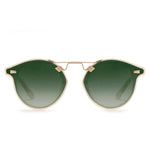 Krewe STL Nylon Mirrored Sunglasses feature gold frames, round oversized silhouette, and green gradient flat nylon lenses, displayed front-facing against a white background.