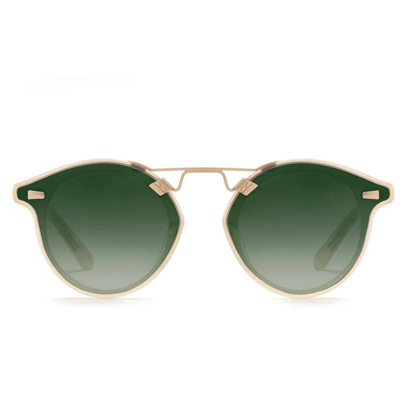 Krewe STL Nylon Mirrored Sunglasses feature gold frames, round oversized silhouette, and green gradient flat nylon lenses, displayed front-facing against a white background.