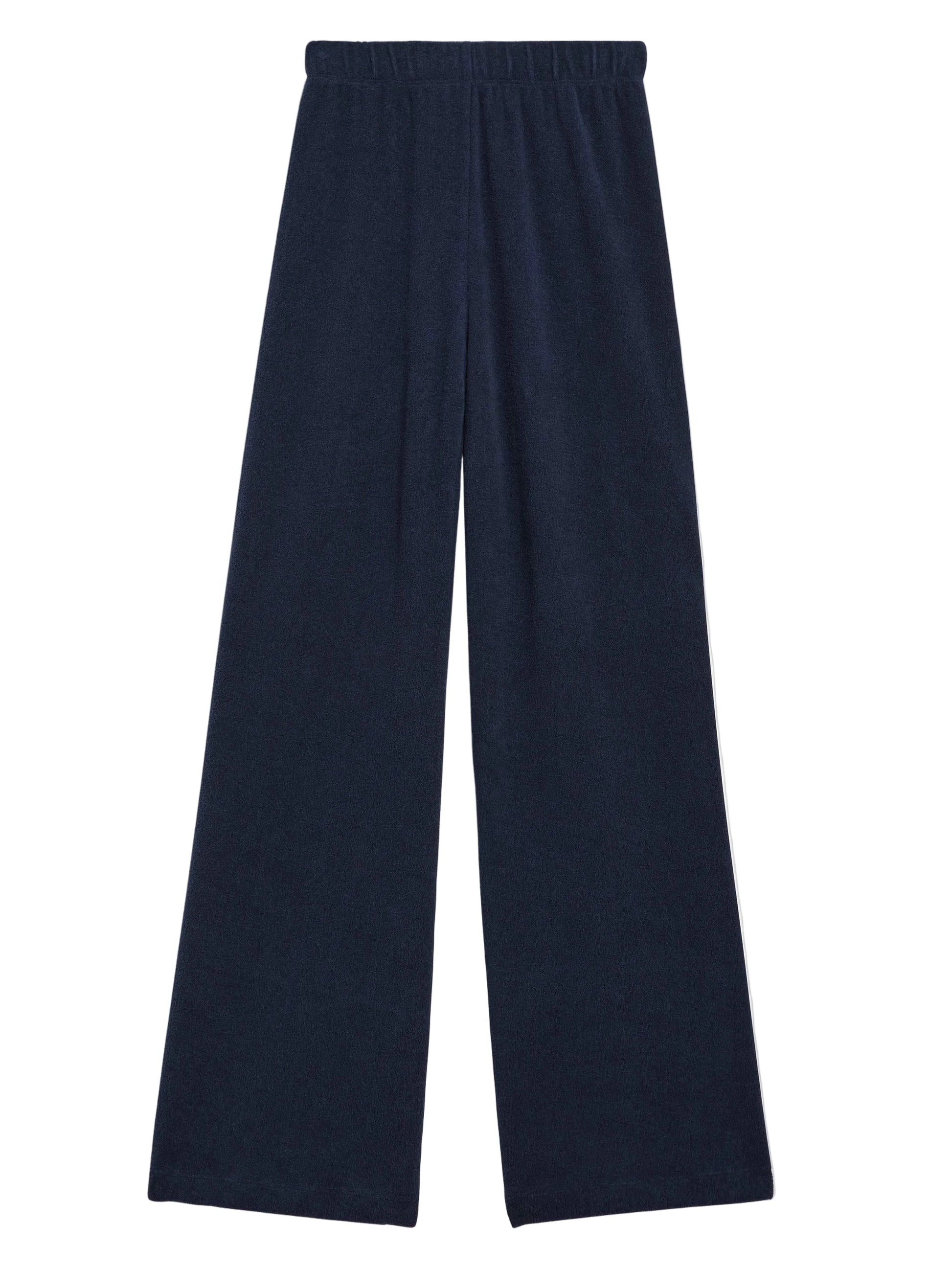 The Zephyra Flare Pants by Suzie Kondi are navy blue wide-leg pants featuring a high waist and elastic waistband, shown on a white background.