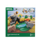 A Brio World Safari Adventure Train Set box featuring toy animals like a giraffe and an elephant with a wooden train set and landscape elements designed for children aged 3 and up.