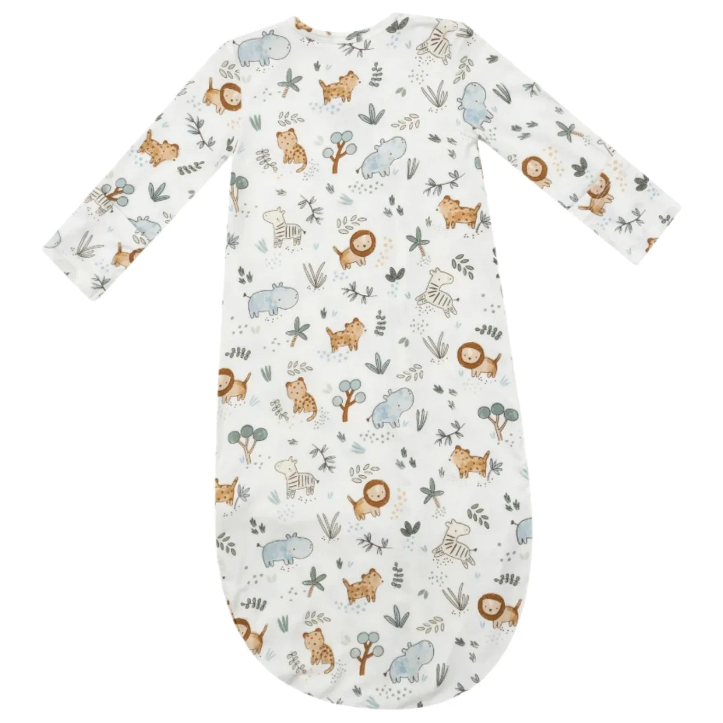 Introducing the Angel Dear Delicate Safari Bundle Gown, a sleep sack for babies featuring long sleeves and charming illustrations of lions, giraffes, and trees set against a white background. Made from ultra-soft viscose derived from bamboo by the brand Angel Dear, it ensures cozy comfort to keep your little one snug throughout the night.