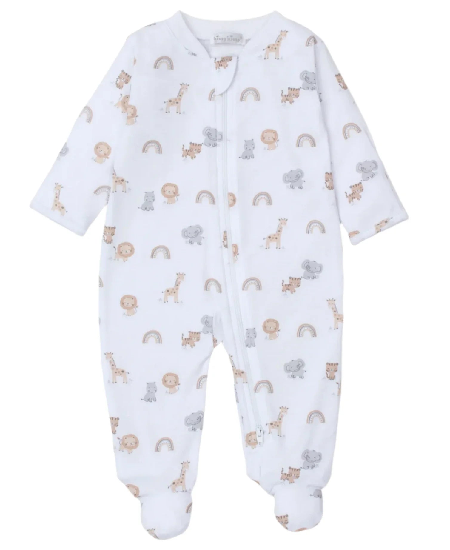 The Kissy Kissy Safari Squad Zip Footie, made from soft Pima cotton, is adorned with giraffes, lions, elephants, rainbows, and hippos. It includes a convenient zipper closure and covered feet for added cozy comfort.