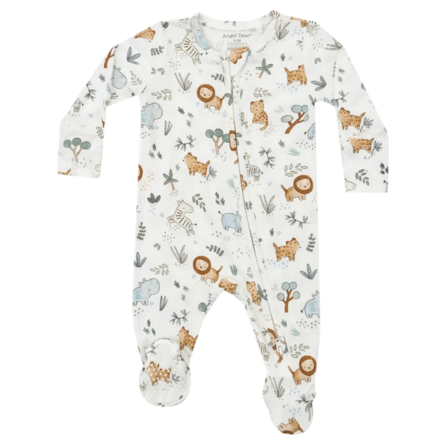 The Angel Dear Delicate Safari 2-Way Zip Footie, by Angel Dear, is a white baby onesie made from soft bamboo fiber fabric. It showcases playful animal and tree prints and features long sleeves with footed legs. The design includes convenient fold-over cuffs to ensure your little one stays cozy in style.