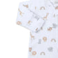 The Kissy Kissy Safari Squad Zip Footie, designed by Kissy Kissy, is a white baby onesie made from gentle Pima cotton. It showcases delightful illustrations of giraffes, lions, elephants, and rainbows—ideal for your baby's safari squad adventures!