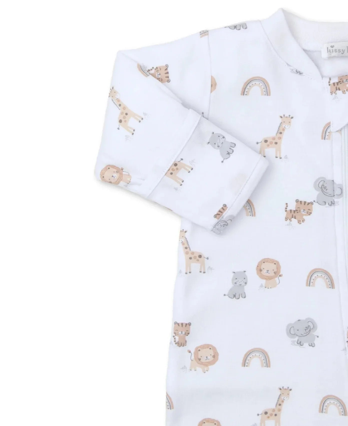 The Kissy Kissy Safari Squad Zip Footie, designed by Kissy Kissy, is a white baby onesie made from gentle Pima cotton. It showcases delightful illustrations of giraffes, lions, elephants, and rainbows—ideal for your baby's safari squad adventures!