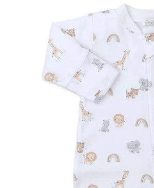 The Kissy Kissy Safari Squad Zip Footie, designed by Kissy Kissy, is a white baby onesie made from gentle Pima cotton. It showcases delightful illustrations of giraffes, lions, elephants, and rainbows—ideal for your baby's safari squad adventures!