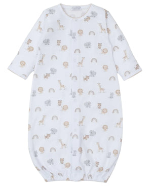 The Kissy Kissy Safari Squad Convertible Gown by Kissy Kissy is a white baby sleeper gown made from soft Pima cotton, adorned with charming safari-themed prints of giraffes, lions, elephants, and rainbows in gentle pastel hues.