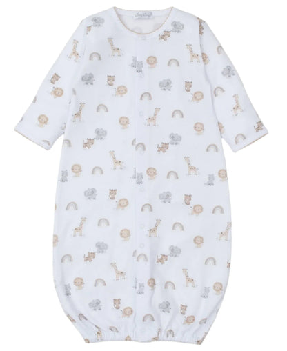 The Kissy Kissy Safari Squad Convertible Gown by Kissy Kissy is a white baby sleeper gown made from soft Pima cotton, adorned with charming safari-themed prints of giraffes, lions, elephants, and rainbows in gentle pastel hues.