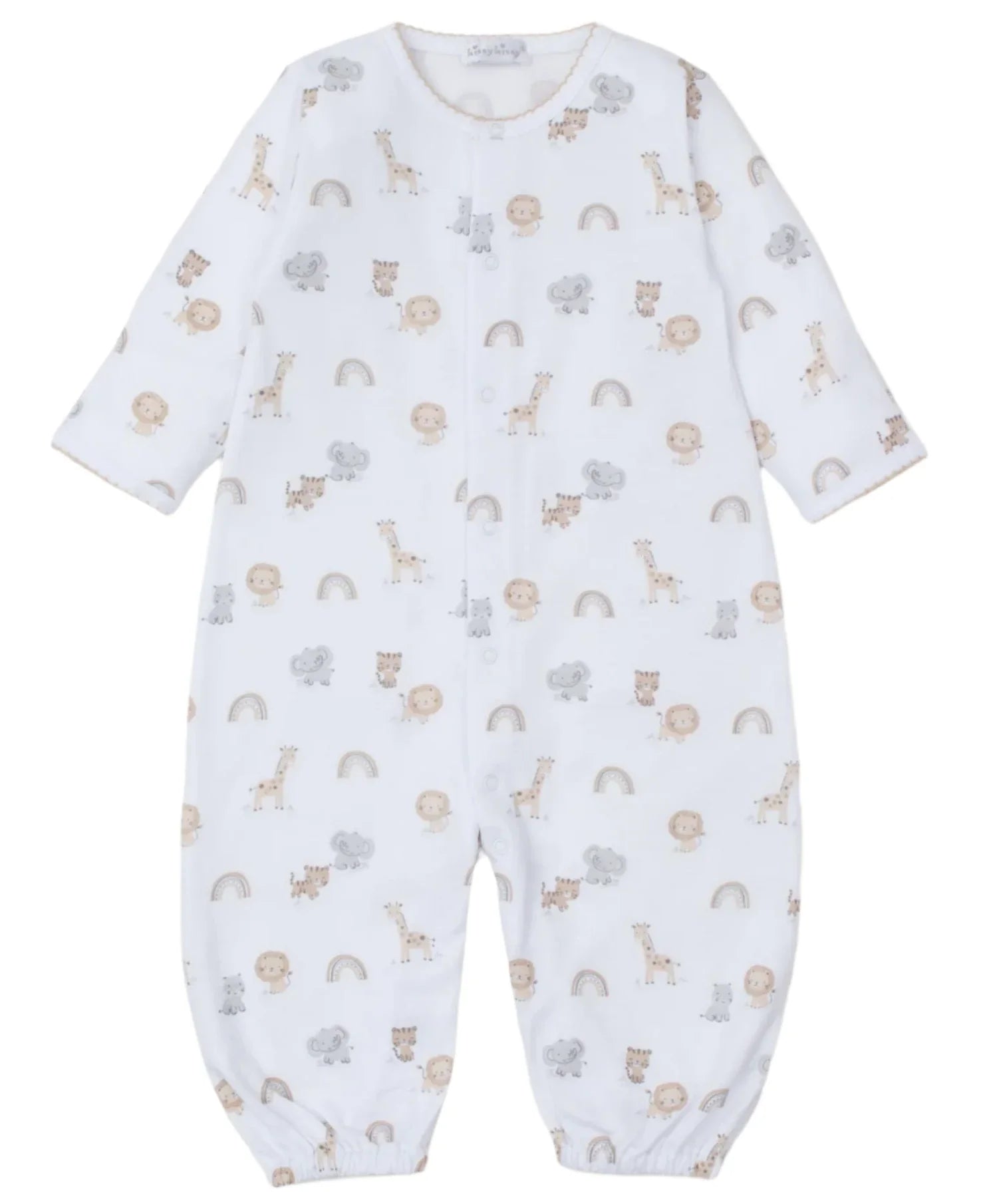 The Kissy Kissy Safari Squad Convertible Gown, crafted from soft Pima cotton, showcases pastel animal and rainbow patterns with long sleeves and covered feet, making it an ideal addition to any collection.