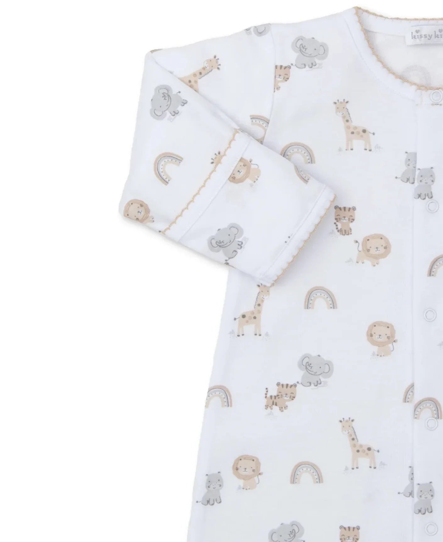 The Kissy Kissy Safari Squad Convertible Gown, crafted by the renowned brand Kissy Kissy, features a charming safari squad print with giraffes, lions, elephants, and rainbows in soothing pastel colors. Made from soft Pima cotton for maximum comfort.