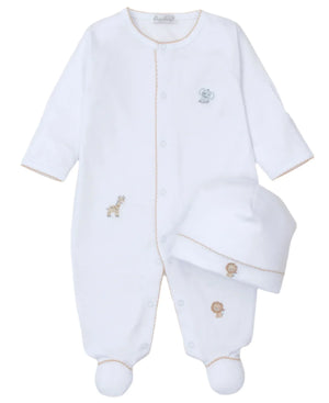 The Kissy Kissy Safari Squad Footie with Hat Set is a delightful white baby romper made from luxurious Pima cotton, featuring intricate animal designs. This adorable two-piece set by Kissy Kissy includes a matching hat to complete the charming ensemble.