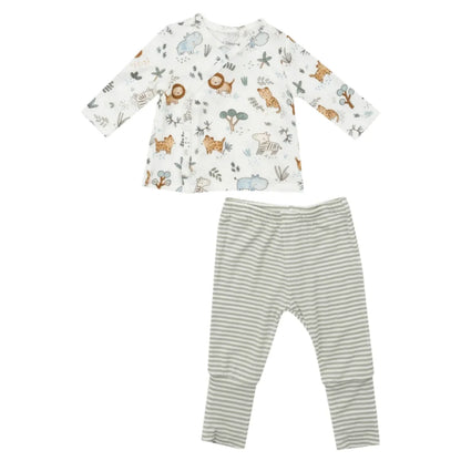 The Angel Dear Delicate Safari Set by Angel Dear includes a long-sleeve baby outfit featuring an adorable wildlife print top adorned with animals and plants, beautifully complemented by striped pants.