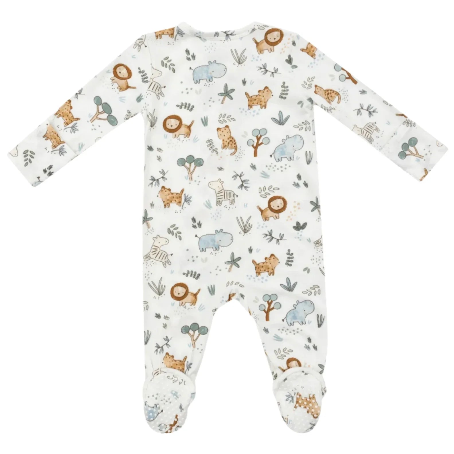 The Angel Dear Delicate Safari 2-Way Zip Footie features charming lions, elephants, and plants on a white background, crafted from soft bamboo fiber fabric.