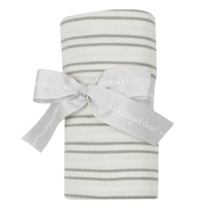 The Angel Dear Modal Rib Stripe Desert Sage Swaddle Blanket features a soft, folded design with stripes and is elegantly tied with a light gray bow.