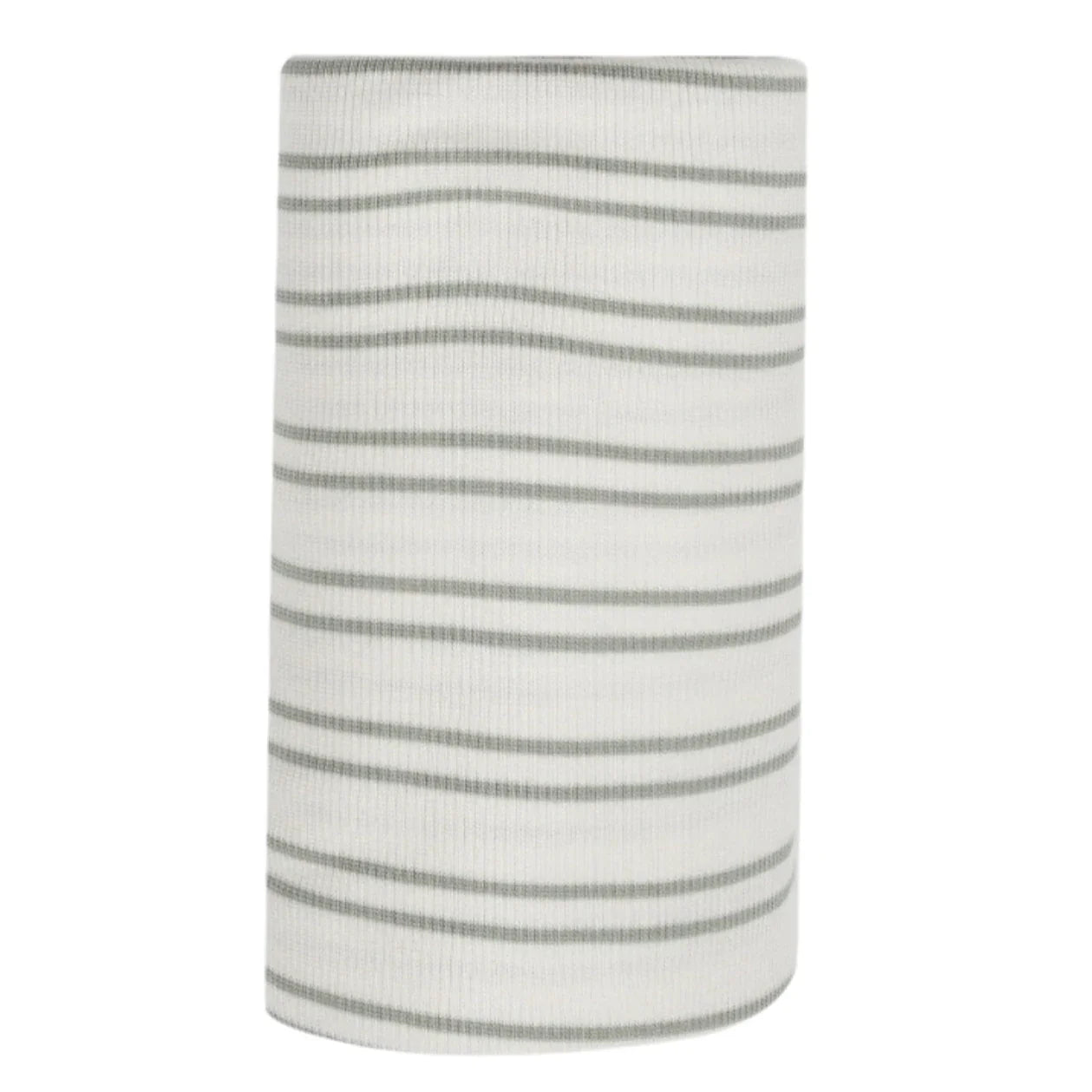 The Angel Dear Modal Rib Stripe Desert Sage Swaddle Blanket is a cylindrical item with horizontal gray stripes on a white background, offering a versatile design that brings elegance to any setting.