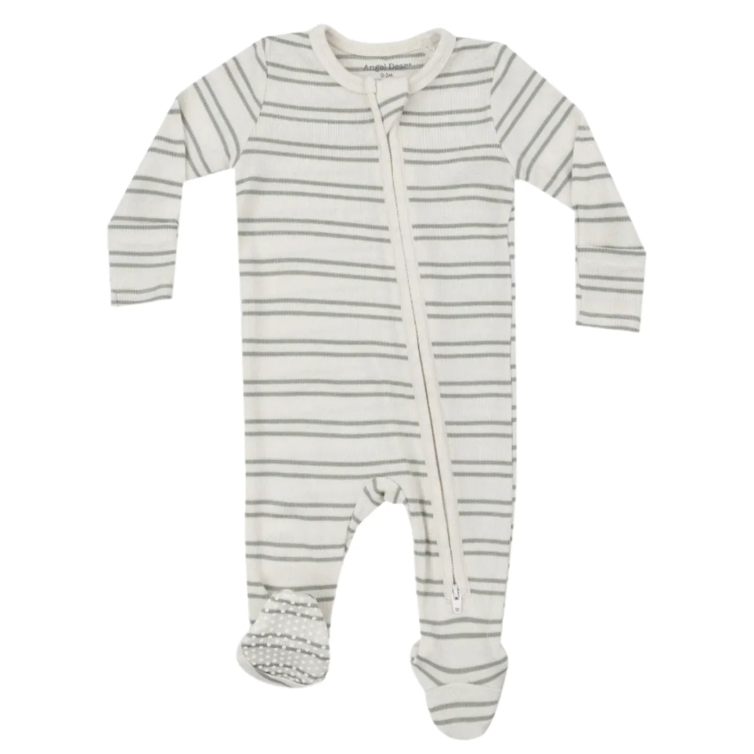 The Angel Dear Modal Rib Stripe Desert Sage 2-Way Zip Footie, designed by Angel Dear, is a long-sleeve baby onesie made from soft bamboo fiber, featuring cozy footies and a practical diagonal zipper on the front.