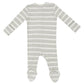 A view of the back of the Angel Dear Modal Rib Stripe Desert Sage 2-Way Zip Footie, a bamboo fiber baby onesie featuring stripes and long sleeves with foot covers.