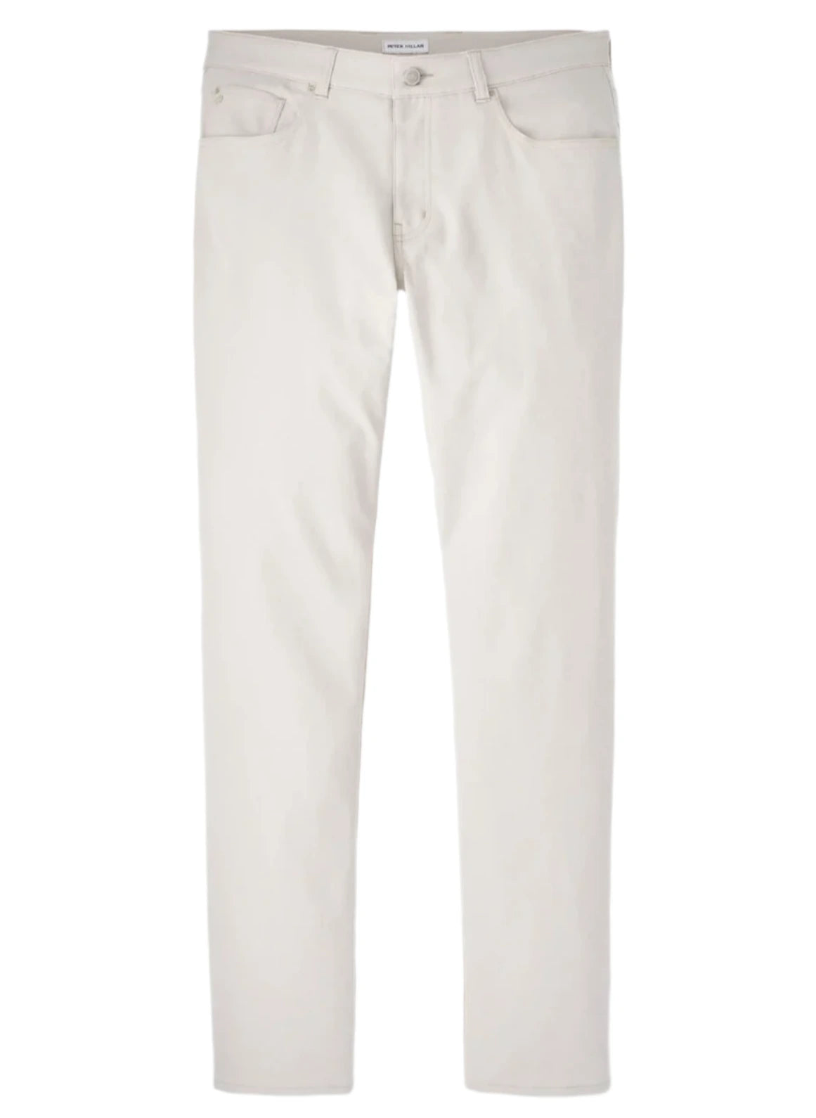 Peter Millar eb66 Performance Five-Pocket Pants in beige, displayed flat, highlight their front pockets and button closure, made with moisture-wicking fabric.