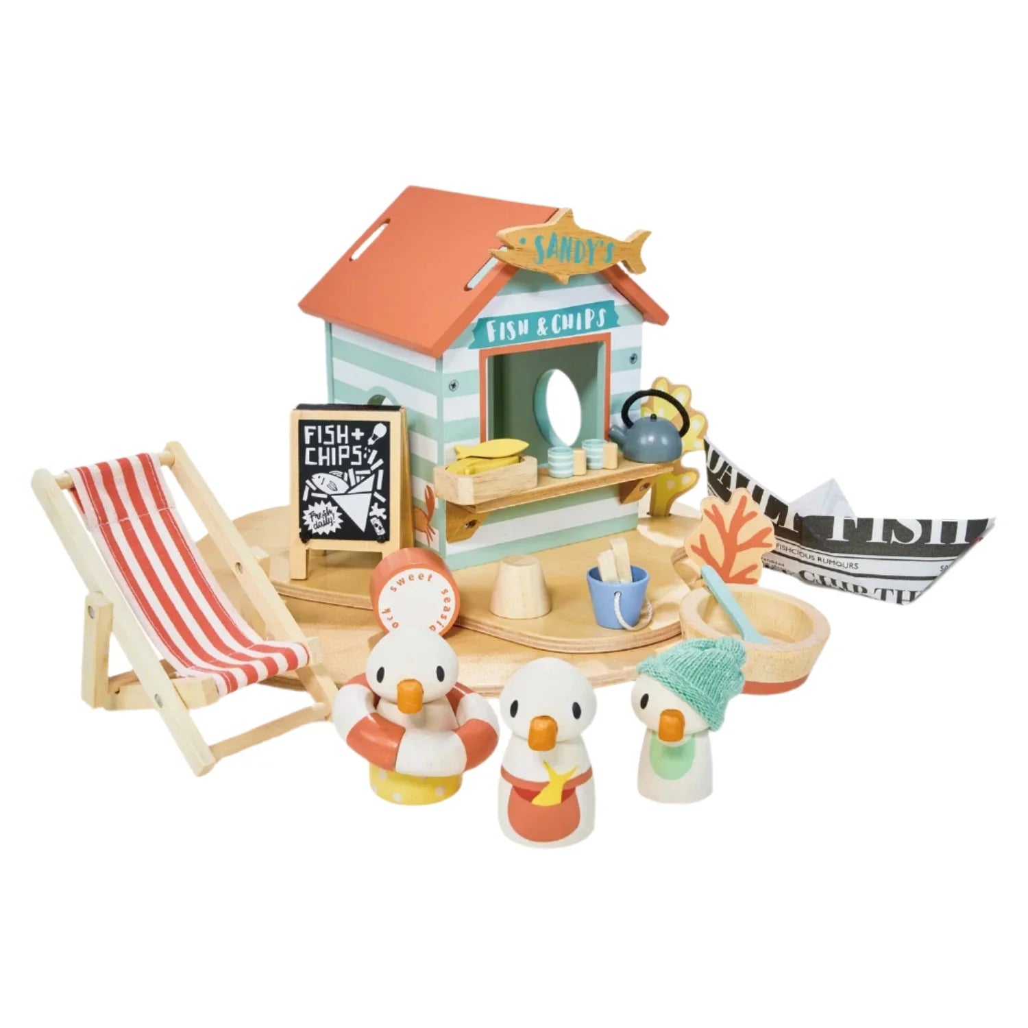 The Tender Leaf Sandy's Beach Hut by Tender Leaf Toys includes a toy fish and chips stand set with a striped hut, deck chair, menu board, and three bird figurines dressed in swim gear. Ideal for imaginative play, it also features a delightful wooden toy seagull to encourage creative storytelling adventures.