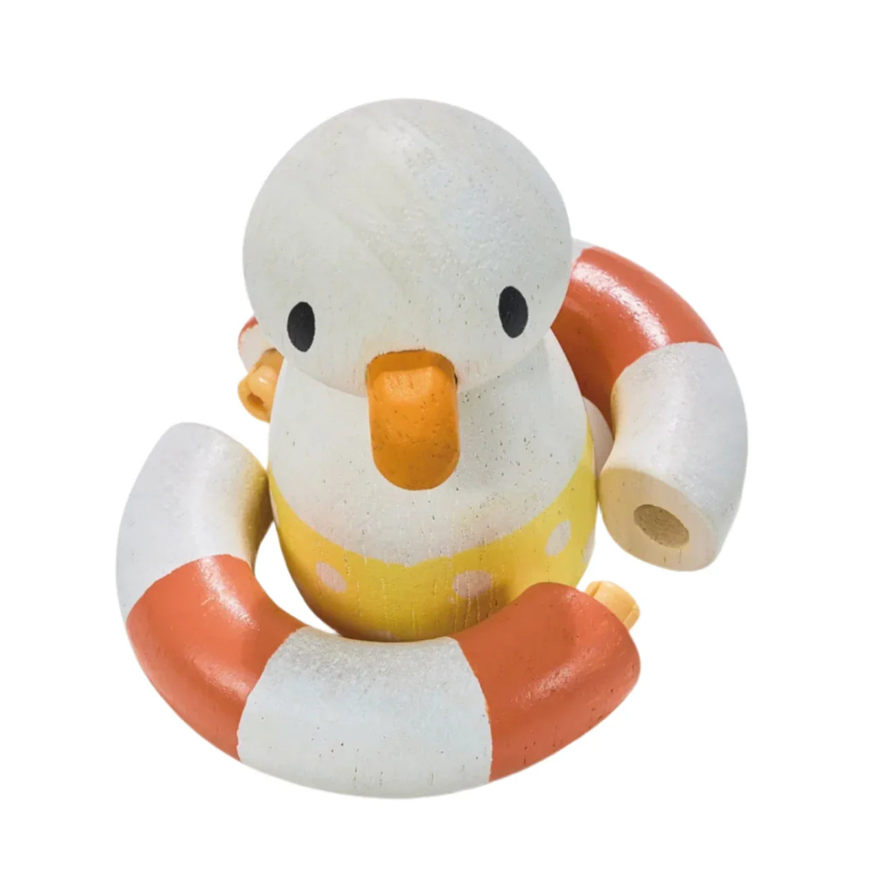 Introducing the Tender Leaf Sandy's Beach Hut by Tender Leaf Toys: a charming wooden toy duck featuring an orange beak, a white and yellow body, and an adorable attached orange and white lifebuoy ring, perfect for sparking imaginative play.