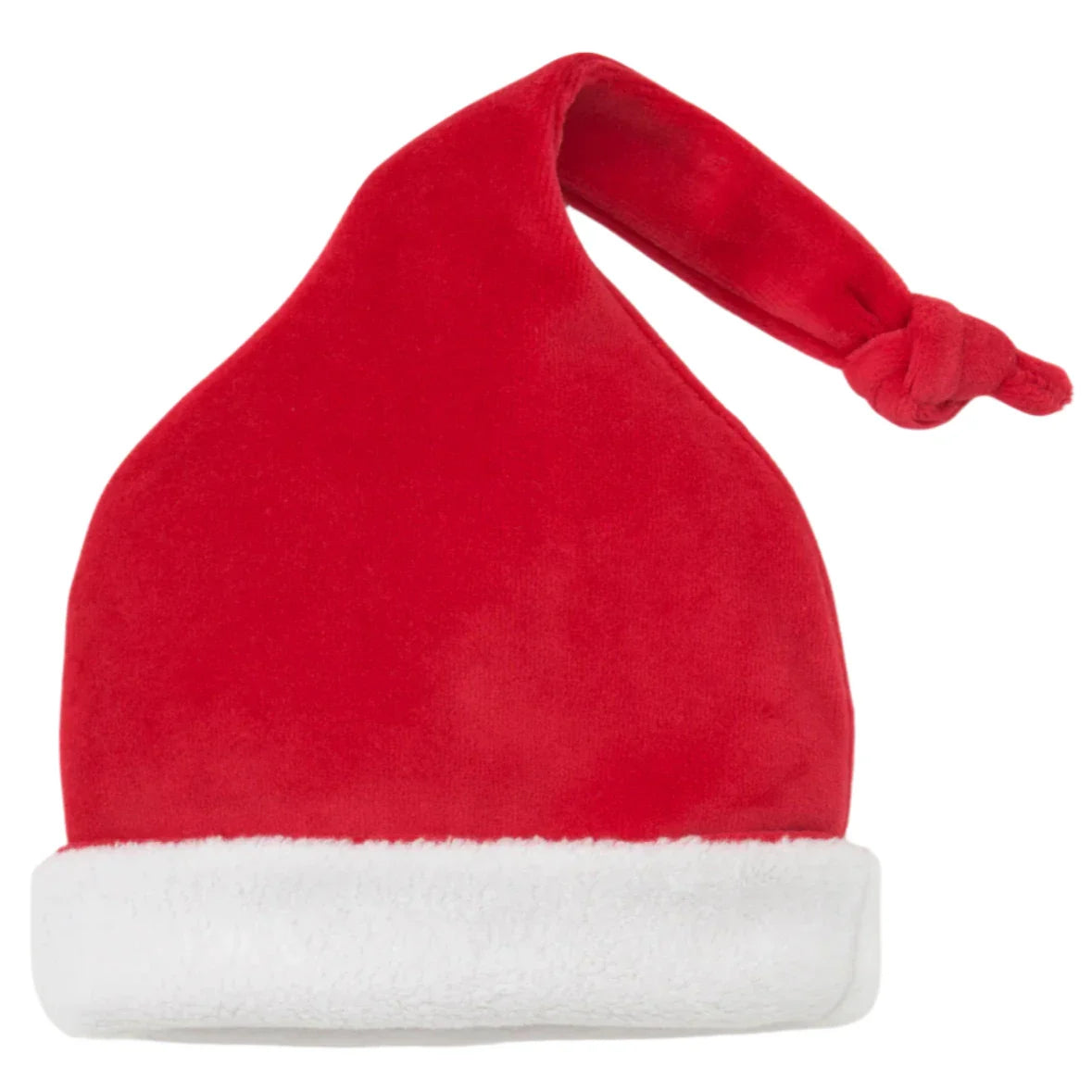 The Kissy Kissy Christmas Magic Velour Stocking Hat, crafted by the brand Kissy Kissy, boasts a festive red color with a white fluffy brim and knotted tip, perfectly embodying the essence of Christmas magic.