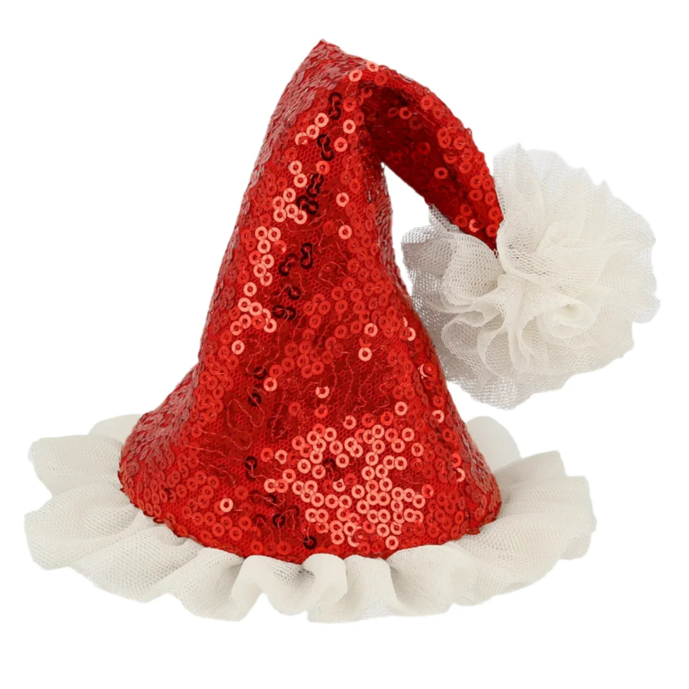 The Meri Meri Sequin Santa Hat Hair Clip, featuring red and white colors with decorative white ruffles, provides the perfect festive touch as a hair accessory.