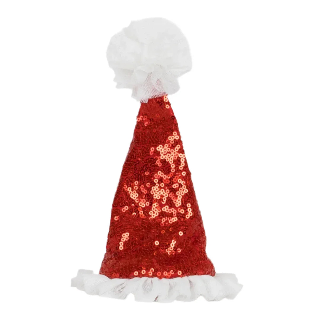 The Meri Meri Sequin Santa Hat Hair Clip, featuring a vibrant red sequin design with a white pom-pom on top and a frilly trim at the base, is the perfect accessory to complete your festive look.