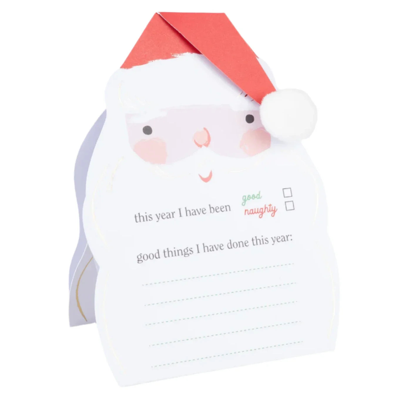 Revamp your holiday greetings with the Meri Meri Letter To Santa Card. This card, designed by Meri Meri, showcases a fluffy yarn pompom on a red Santa hat and includes checkboxes for "good" or "naughty," along with lines to jot down good deeds. It's ideal for personalizing with vibrant stickers to craft the perfect Santa letter.