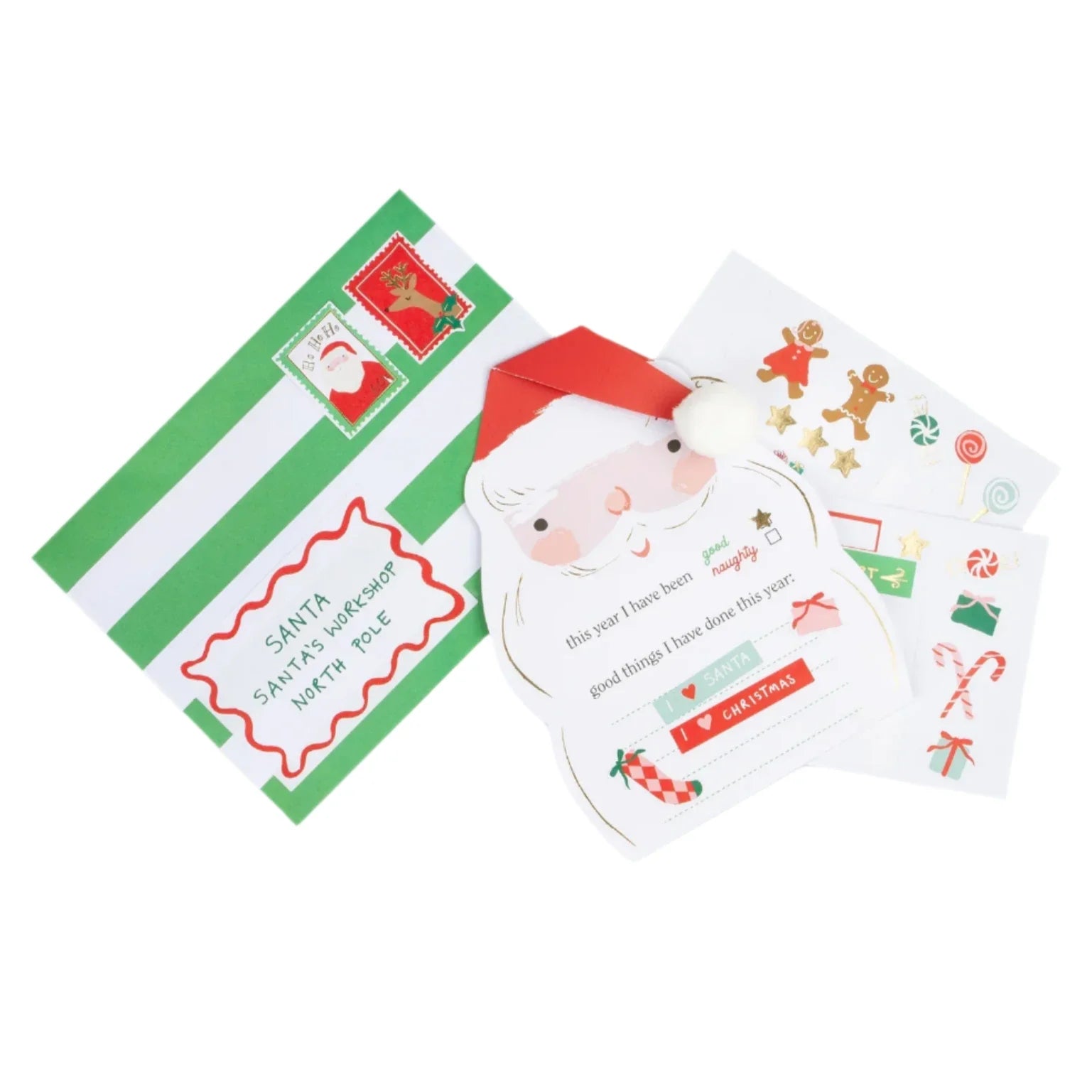 The Meri Meri Letter To Santa Card by Meri Meri includes a Santa-themed letter, vibrant stickers, and an envelope adorned with a fluffy yarn pompom, perfect for North Pole delivery.