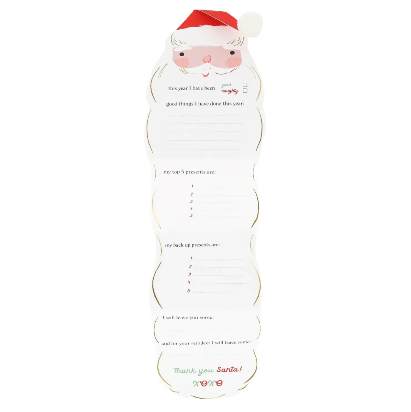 Get into the festive spirit with the Meri Meri Letter To Santa Card. This adorable Santa-themed Christmas wishlist card, beautifully adorned with colorful stickers and a fluffy yarn pompom, includes sections for behavior, good deeds, top presents, backup presents, and gentle reminders for Santa. It's perfect for adding a charming touch to your holiday wishes!