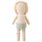 Sawyer the Lion by Cuddle + Kind is a 20" plush with a beige knit body, fluffy mane, and light green shorts, shown from the back—an ideal birthday gift that encourages kindness.