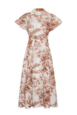 The Sawyer Dress by Cara Cara is a poplin midi with short sleeves, belted waist, and flared skirt, featuring a brown floral and leaf pattern on white.