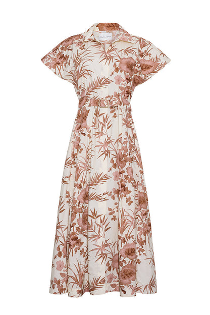 The Sawyer Dress by Cara Cara is a poplin midi with short sleeves, belted waist, and flared skirt, featuring a brown floral and leaf pattern on white.